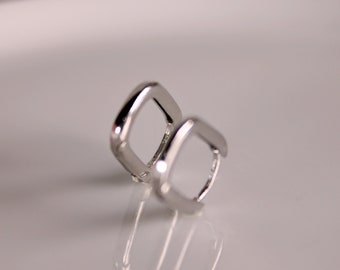 Silver Minimalist Rectangular Small Hoop Earrings, Sterling Silver Geometric Huggie Hoop Earrings