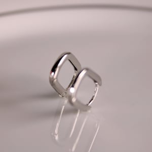 Silver Minimalist Rectangular Small Hoop Earrings, Sterling Silver Geometric Huggie Hoop Earrings