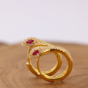 Gold Snake Hoop Earrings, Small Huggie Hoop Earrings with Ruby