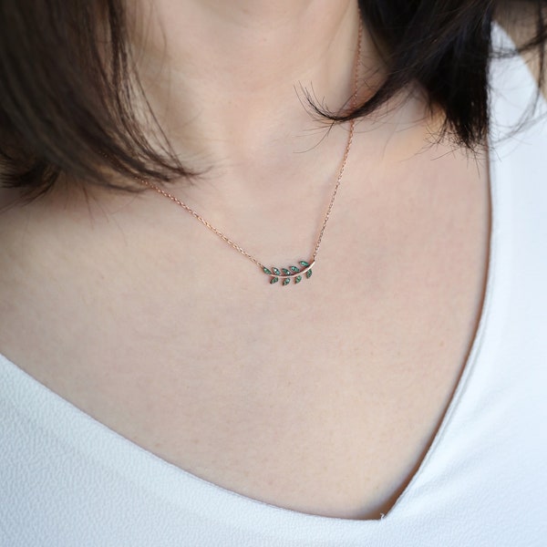 Silver Green Leaf Necklace, Nature Jewelry for Women