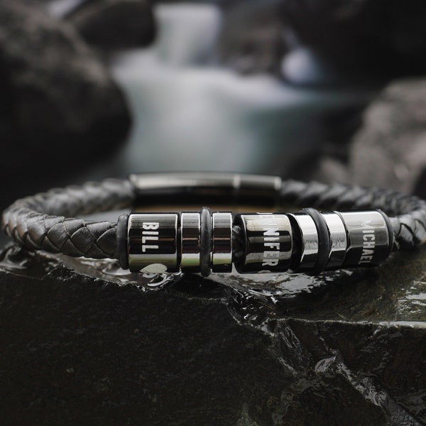 Custom Engraved Men Bracelet, Black Leather with Black Titanium Beads and Spacers