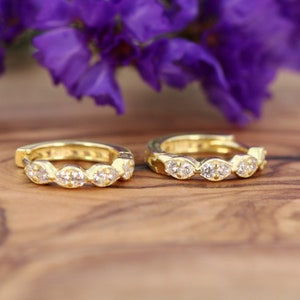 Gold Huggie Hoop Earrings with Zircon, Vintage Small Hoop Earrings