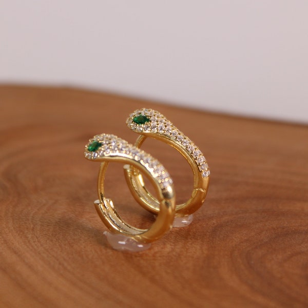 Gold Snake Hoop Earrings, Small Huggie Hoop Earrings with Cubic Zirconia