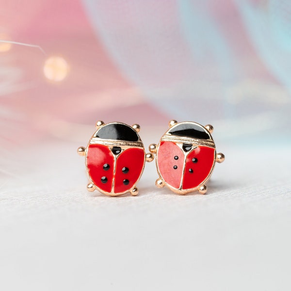 Delicate Ladybug Stud Earrings for Kids, 925 Silver Stud Earrings for Kids