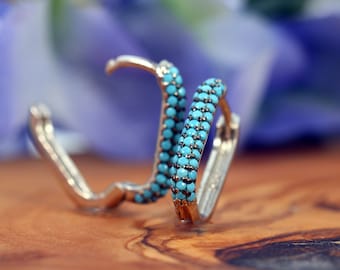 Turquoise Rectangular Hoop Earrings, Blue U Shape Hoop, Silver Dainty Geometric Hoop Earrings