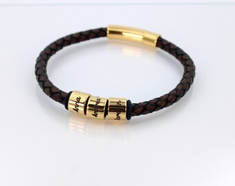 Brown Men Leather Bracelet with Engraved Custom Gold Finish Beads