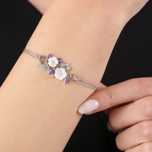 Amethyst Bracelet with Magnolia Flowers, Dainty Floral Bridesmaid Gifts Bracelet