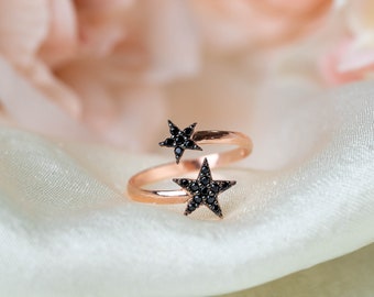 Black Star Ring Adjustable, Comet Star Ring with Black Onyx, Ring for Her, Statement Ring