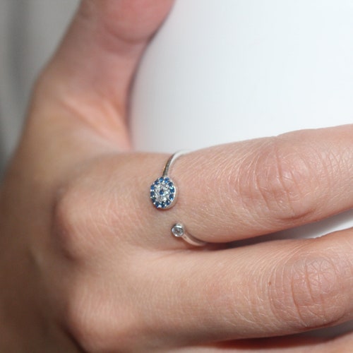 Evil Eye Ring Sterling Silver, Adjustable Protection Ring for Her, Good Luck Ring Gift for Best Friends