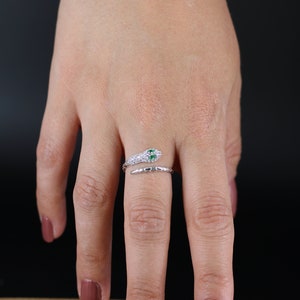 Silver Adjustable Snake Ring with Emerald Depth, Serpentine Elegance on Adjustable Ring