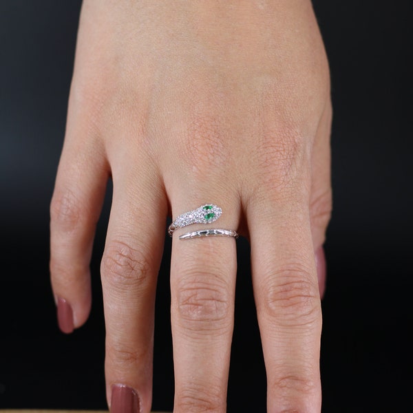 Silver Adjustable Snake Ring with Emerald Depth, Serpentine Elegance on Adjustable Ring