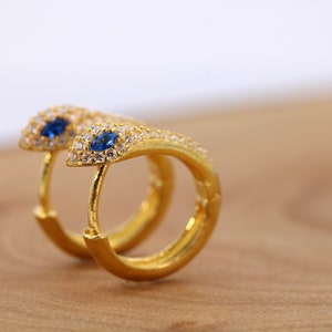 Gold Huggie Hoop Snake Earring with Sapphire Stones