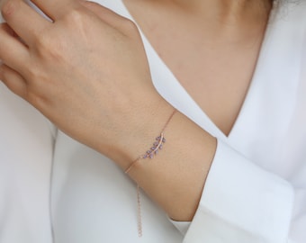 Amethyst Blatt Charm Armband, Minimalistisches ausziehbares Naturarmband, Brautjungfern Geschenk