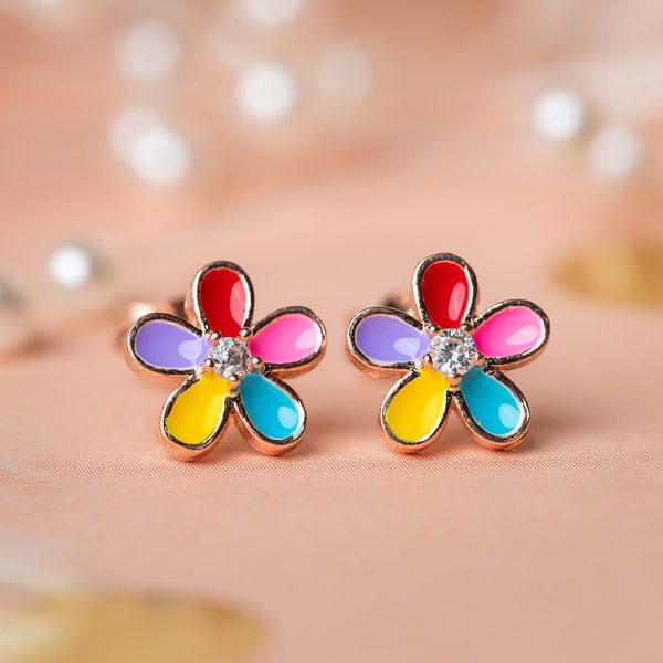 Stud Colorful Flower Earrings for Girls, Hypoallergenic Spring Studs for Girls