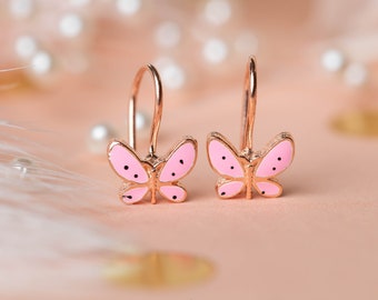 Sterling Silver Pink Butterfly Earrings for Girls, Rose Dangle Summer Earrings for Kids, Gift for Girls