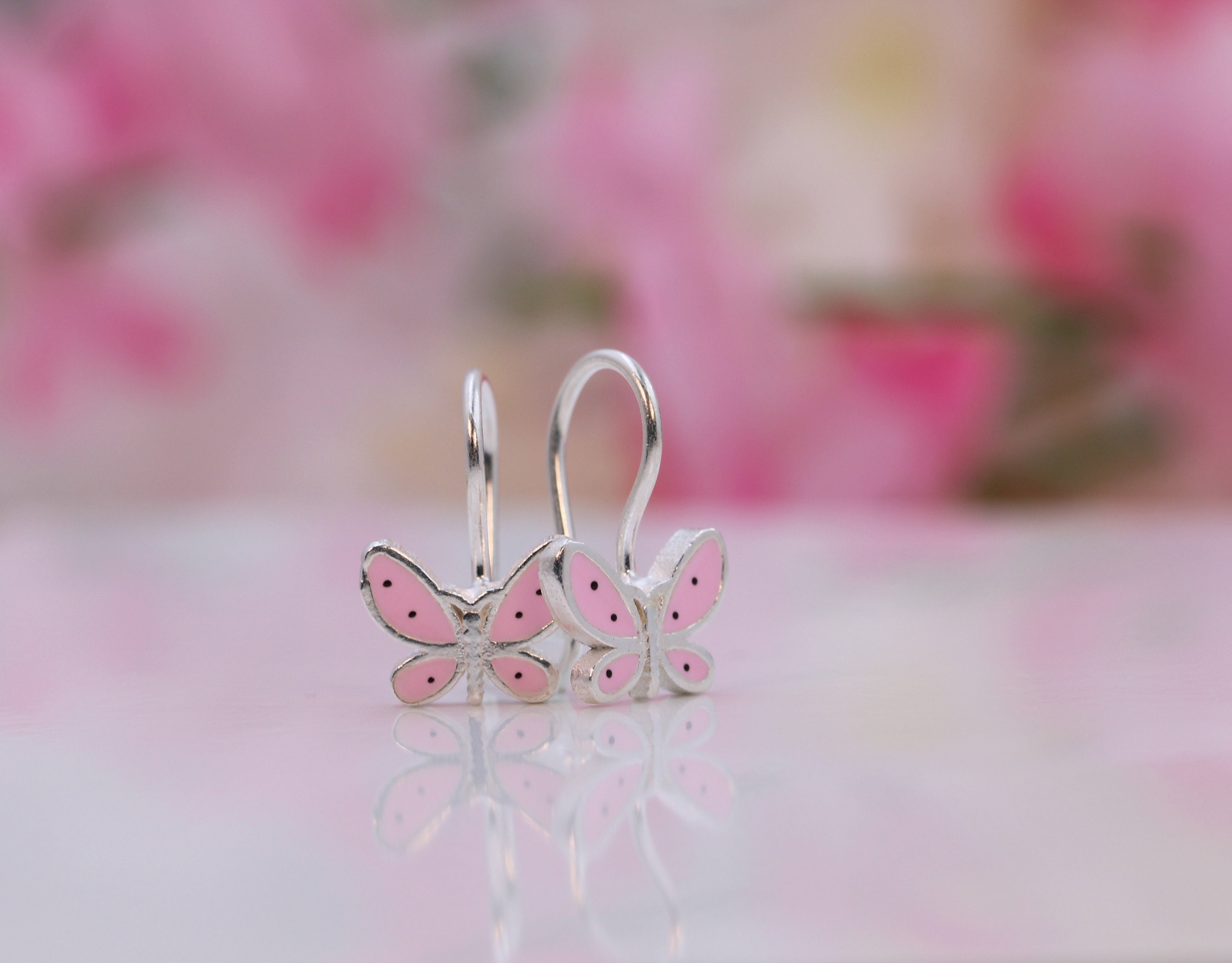 Girls 925 Sterling Silver Baby Pink Butterfly Stud Earrings – 8x7mm – Boxed (UK Seller)
