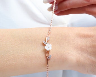 Bridesmaid Gift Adjustable Rose Gold Bracelet with Zircon Leaves and Magnolia Flourish