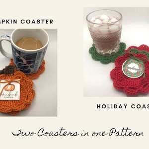 May include: Two crocheted coasters, one shaped like a pumpkin and the other a flower. The pumpkin coaster is orange with a brown stem and a tag that says "Handmade Pumpkin". The flower coaster is red with a green wreath tag that says "Handmade".