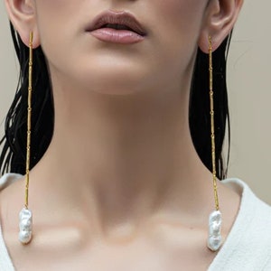 Hammered Baroque Pearl Dangle Earring, minimal wire Earring, Hammered Earring, Texture Earring, Women gift, Wedding white earring, Dainty image 1