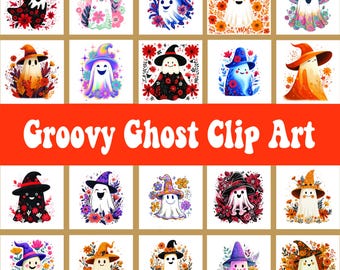 Retro Groovy Ghost Clipart Bundle, 20 High-Quality PNG, Card Making, Ornaments, Digital Paper Craft, Mugs, Digital Downloads