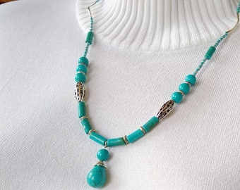 Turquoise pendant necklace, turquoise lavalier necklace, long turquoise necklace, statement turquoise and silver necklace.