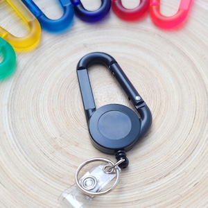 Carabiner clip with retractable reel for key ring & badge holder. Teacher, nurse, janitor accessory. Black, blue, pink and more colors