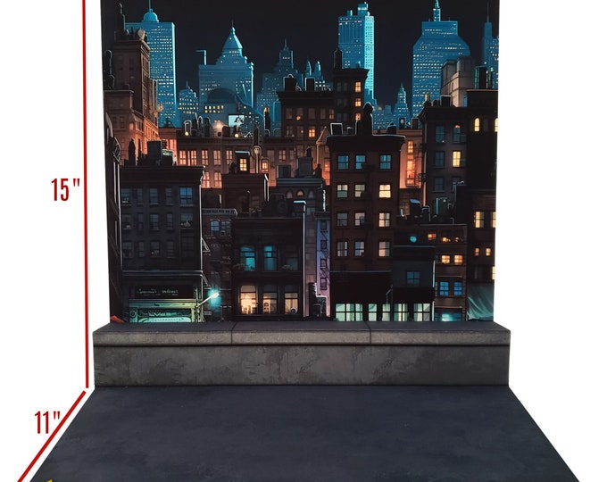 Featured listing image: Comic City Roof Top at Night Backdrop / Diorama /Display size 15"x15"x11" for Action figures of 1:12 scale. (Fits IKEA Detolf)