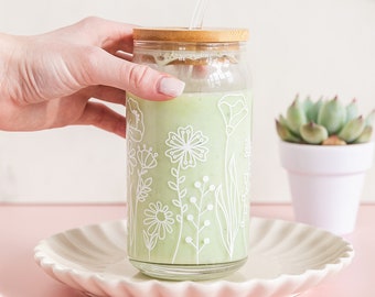 Floral Glass Tumbler Cup with Lid & Straw, 16oz Glass Cup, Flower Glass Cup, Glass Tumbler, Iced Coffee cup