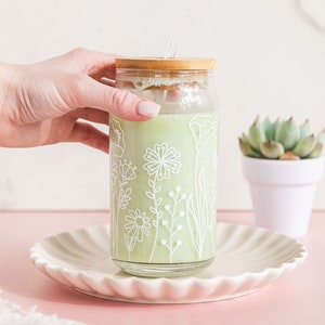 Floral Glass Tumbler Cup with Lid & Straw, 16oz Glass Cup, Flower Glass Cup, Glass Tumbler, Iced Coffee cup