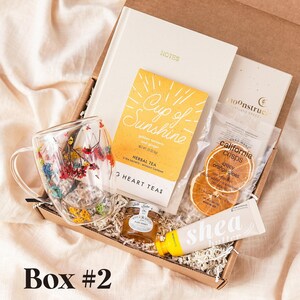 Pode incluir: Uma caixa de presente contendo uma caneca de vidro de parede dupla cheia de flores secas coloridas, um caderno cor de creme com a etiqueta NOTES, um pacote amarelo de chá de ervas Cup of Sunshine, um pequeno pote de mel, fatias de laranja seca e um tubo de manteiga de karité.