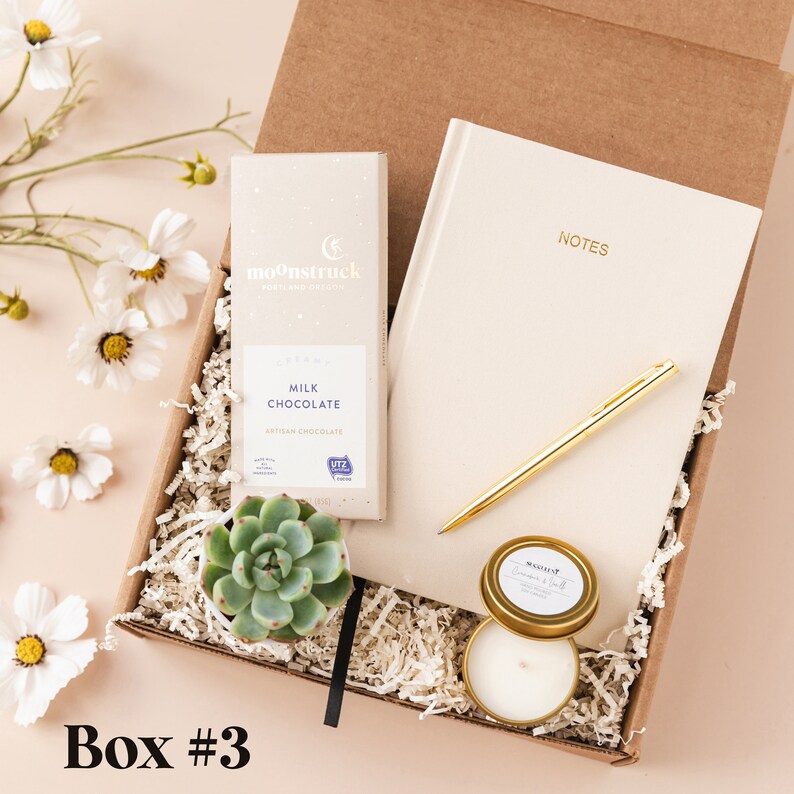 May include: A brown cardboard box filled with a gift set. The set includes a small succulent plant, a bar of milk chocolate, a small candle in a tin, a notebook with the word "NOTES" on the cover, and a gold pen.