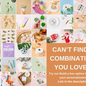 Op de afbeelding: Een collage van afbeeldingen die een verscheidenheid aan producten tonen, waaronder badbommen, kaarsen, mokken, sieraden en andere kleine cadeaus. De tekst "CAN'T FIND A COMBINATION YOU LOVE?" wordt weergegeven op een perzikkleurige achtergrond. De tekst "Try our Build a box option to elevate your personalisation Link in the description!" wordt eronder weergegeven.