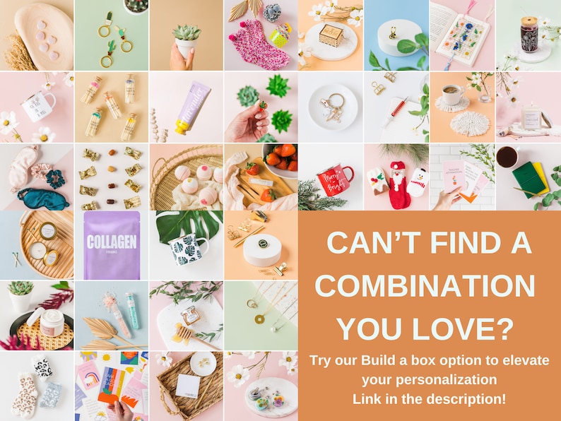 Op de afbeelding: Een collage van afbeeldingen die een verscheidenheid aan producten tonen, waaronder badbommen, kaarsen, mokken, sieraden en andere kleine cadeaus. De tekst "CAN'T FIND A COMBINATION YOU LOVE?" wordt weergegeven op een perzikkleurige achtergrond. De tekst "Try our Build a box option to elevate your personalisation Link in the description!" wordt eronder weergegeven.