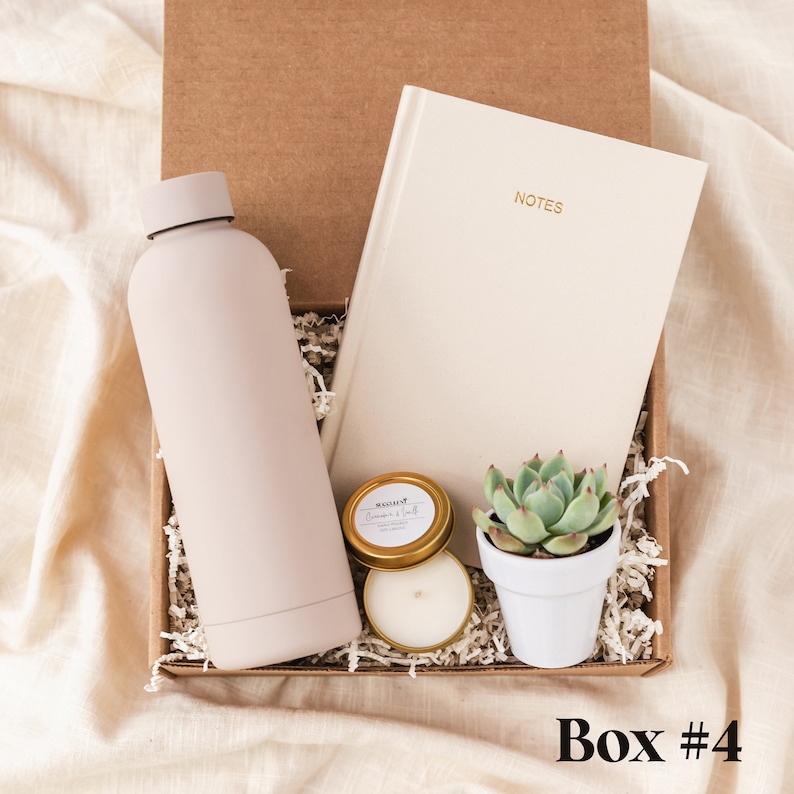 May include: A gift box filled with a light pink water bottle, a small white succulent plant in a white pot, a small gold tin candle, and a white notebook with the word "NOTES" printed in gold on the cover. The box is filled with brown shredded paper.