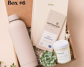 May include: A gift box labeled Box #6 containing a light pink water bottle, a cream-colored notebook with the word NOTES, a Moonstruck Milk Chocolate bar, a small green succulent plant, and a jar candle labeled Succulent Cinnamon & Vanilla.