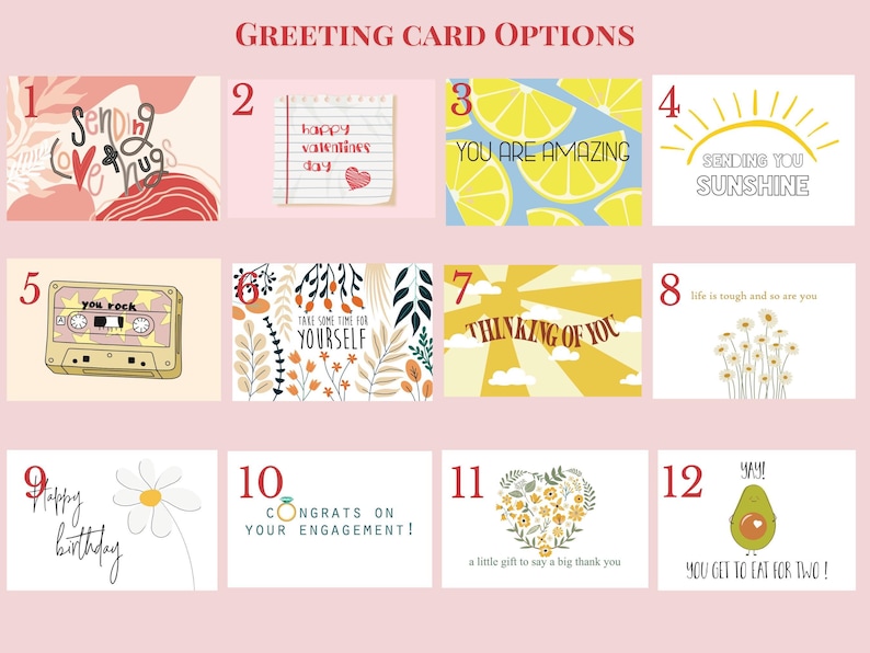 a set of greeting cards with the words greeting card options