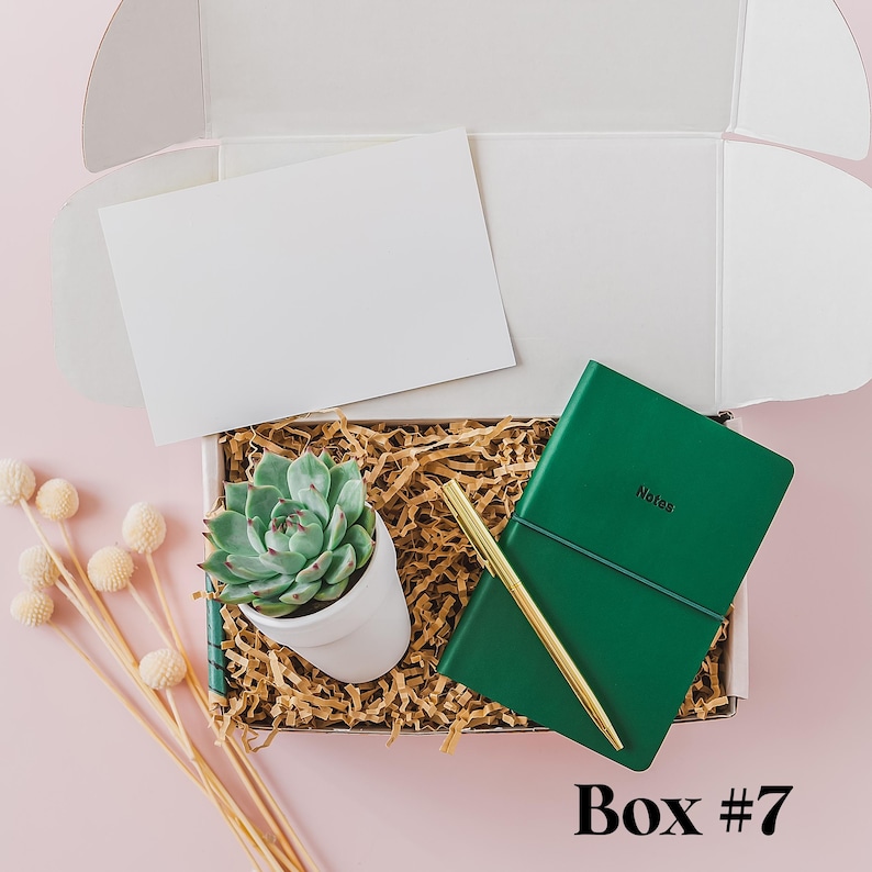 a box with a notepad, pen and succulents