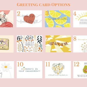 May include: Twelve greeting card designs with various illustrations and text. The cards feature themes such as sending love, thinking of you, congratulations, and happy birthday. The cards are all in a modern, minimalist style with bright colors and bold fonts.