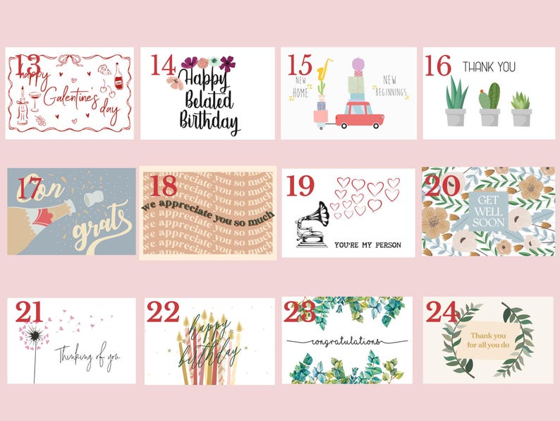 a set of twelve birthday cards with flowers and plants