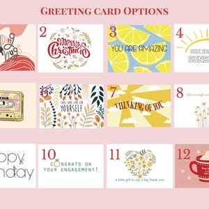 a collection of greeting card options, each featuring a unique design and message. The cards include a variety of themes such as sending love, a birthday, and a birthday gift. The cards are arranged in a grid format, with each card placed next to its corresponding number. The cards are designed to be visually appealing and convey a positive message, making them suitable for sending to friends, family, or loved ones.