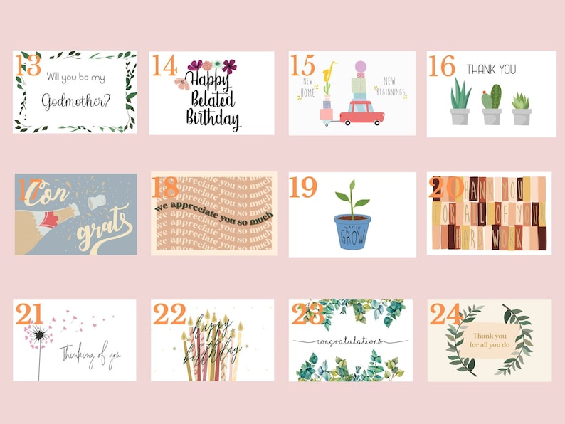May include: A set of 10 greeting cards with various designs and messages. The cards feature illustrations of flowers, plants, a house, a champagne bottle, a dandelion, candles, and a potted plant. The messages include "Will you be my Godmother?", "Happy Belated Birthday", "New Home", "Thank You", "Con Grats", "We Appreciate You So Much", "Way To Grow", "Thank You For All Of You Hard Work", "Thinking Of You", "Congratulations", and "Thank You For All You Do".