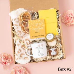 May include: A gift box containing a pair of fuzzy white socks with a tan leopard print, a package of California Crisps, a yellow notebook, a box of Big Heart Tea, a gold pen, a white mug with floral art and text, a candle, and honey.