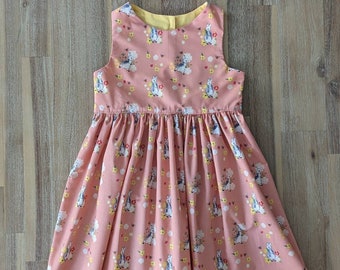 Girls Peter Rabbit tea party dress // handmade // Easter // Beatrix Potter // baby // toddler // pink // yellow // cotton // gift // bunny