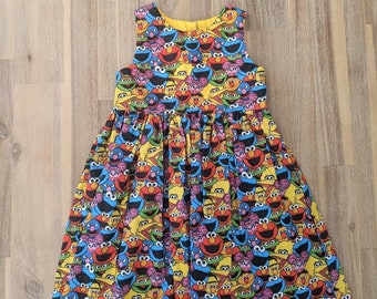 Girls Sesame Street tea party dress // handmade // cotton // baby // toddler // Elmo // rainbow // birthday // gift // Cookie Monster