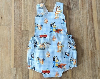 Kids Bluey cross back romper // handmade // Bingo // heeler // baby // toddler // first birthday // gift // party // boys // girls // unisex