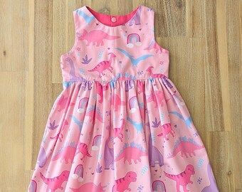 Girls dinosaur tea party dress // handmade // baby // toddler // birthday // gift // party // pink // Dino // purple // rainbow // blue