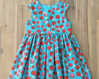 Girls strawberry tea party dress // handmade // teal // cotton // baby // toddler // gift // birthday // summer // fruit // garden // flower
