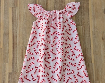 Girls Christmas dress // flutter sleeve // handmade // cotton // toddler // baby // candy cane // gift // festive // red // white // pink