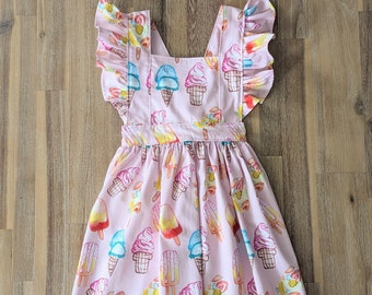 Girls ice cream pinafore dress // handmade // baby // toddler // kids // pink // summer // cross back // flutter sleeve // cotton // gift