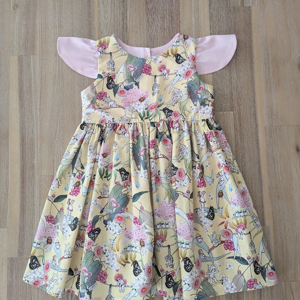 Girls Gumnut baby tea party dress // handmade // cotton // capped sleeves // pink // yellow // May Gibbs // baby // toddler // easter